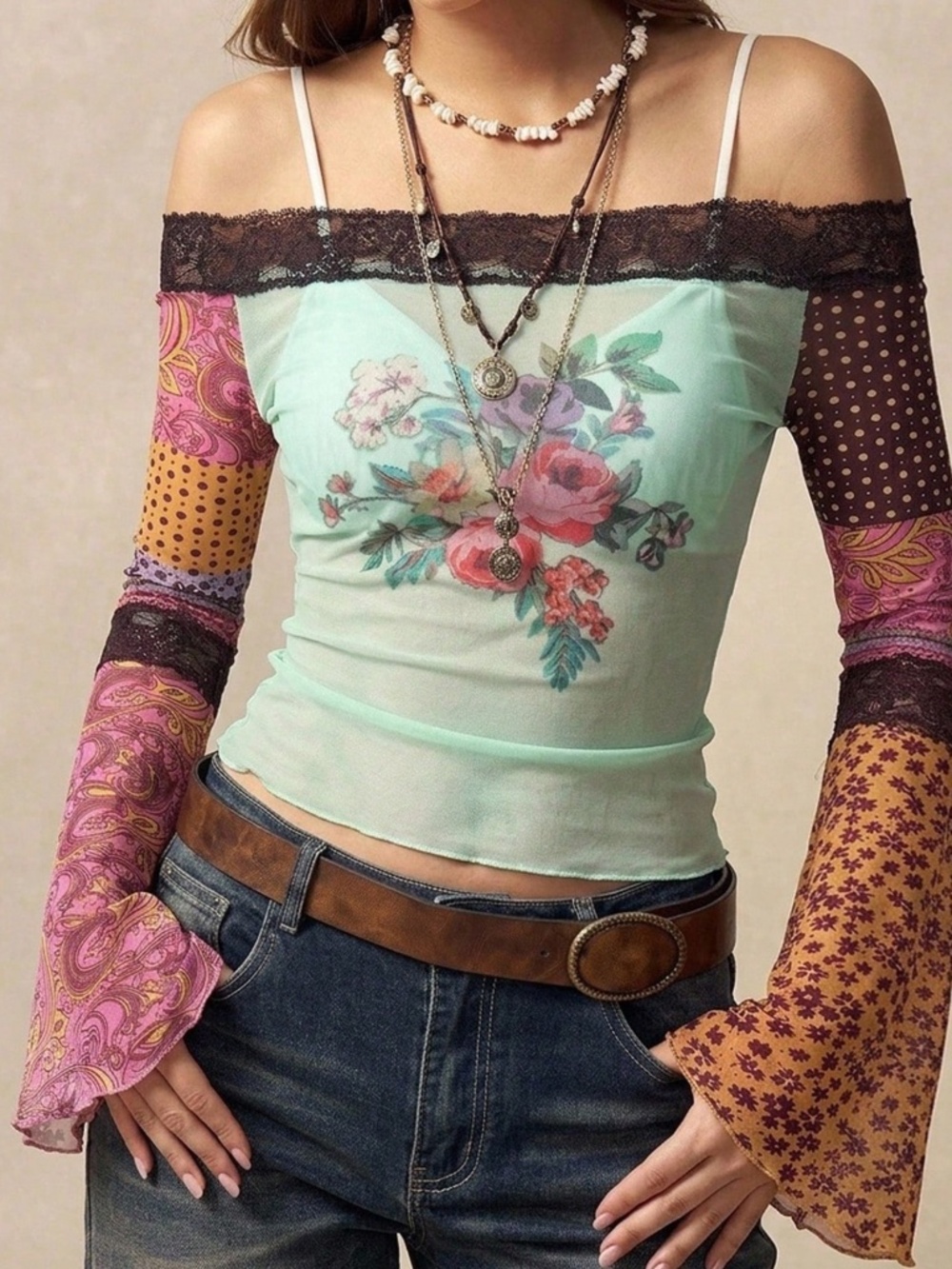 Boho Colorful Floral Polka Dot Lace off Shoulder Semi Sheer Long Sleeve Top - Picture 5 of 5